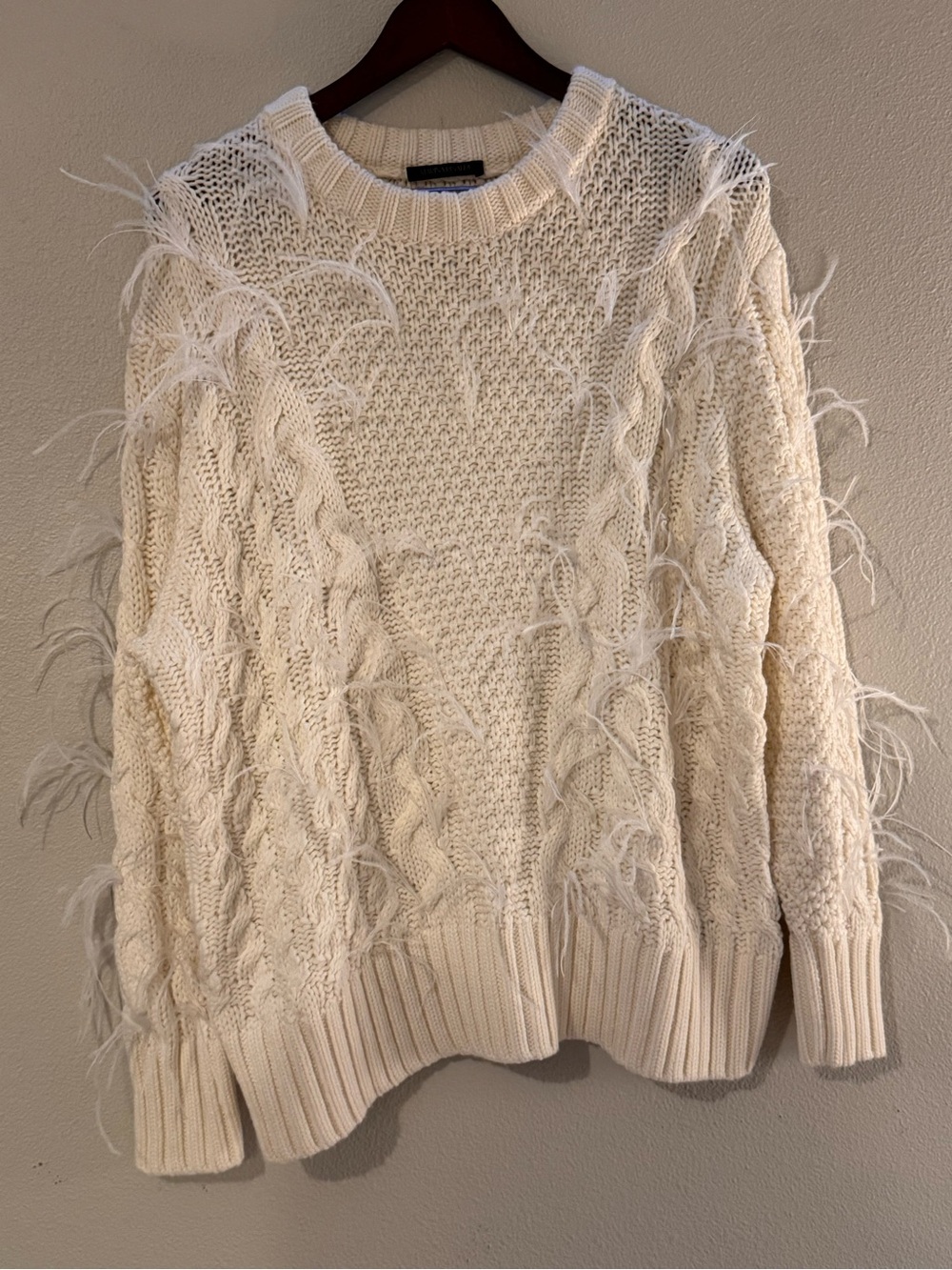 Marina Rinaldi Cream Feather-Trim Cable Knit Sweater